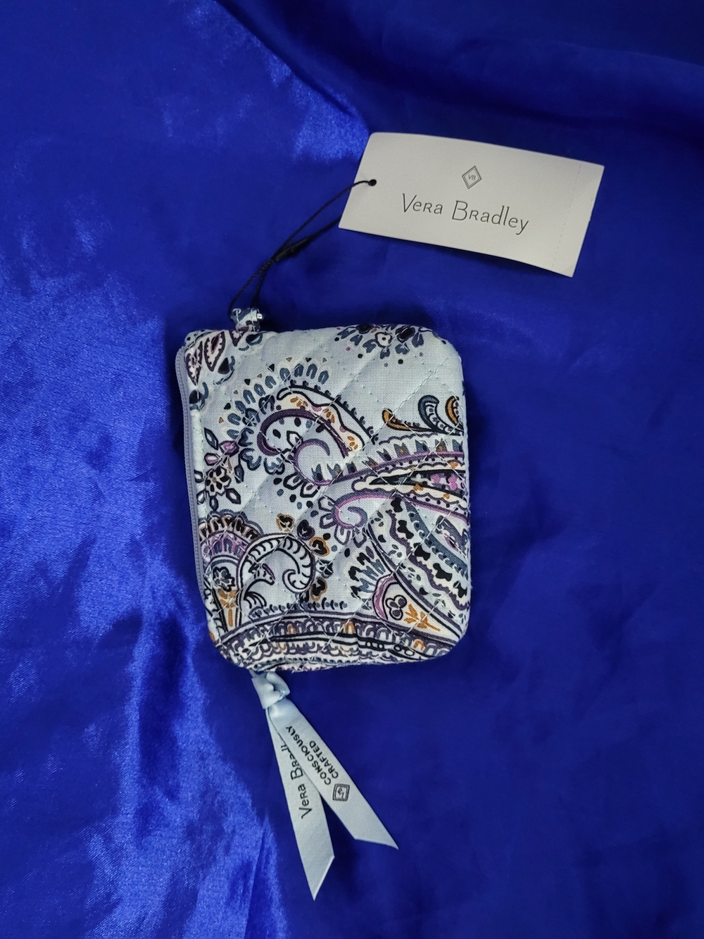 Vera Bradley White Paisley Quilted Card Holder with Purple & Gold Accents